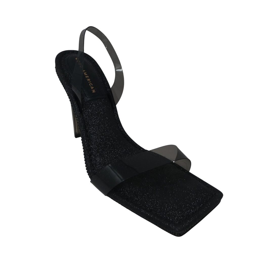 Good American Black Crystal Crush PVC Glitter Bling Open Square Toe Heels